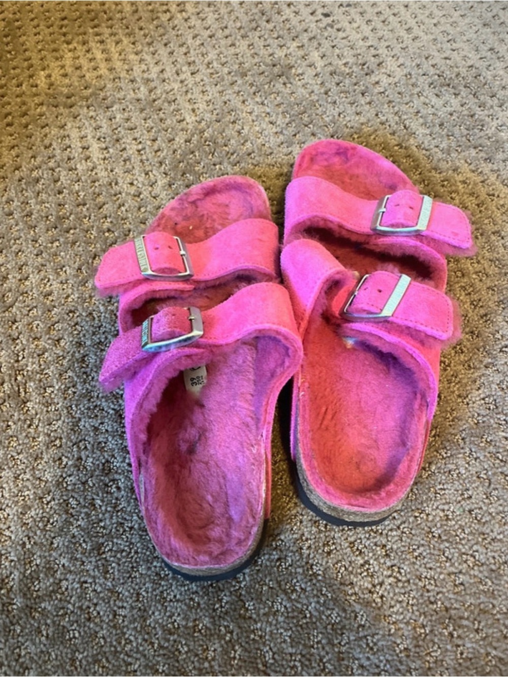 Birkenstock Hot Pink Fuzzy Double Buckle Slides